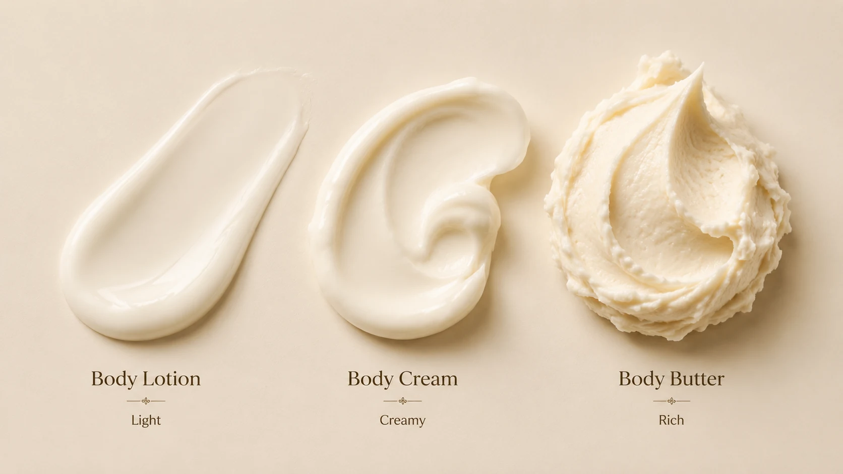 Body butter texture comparison showing light creamy and rich sensory profiles Body butter texture comparison showing light creamy and rich sensory profiles